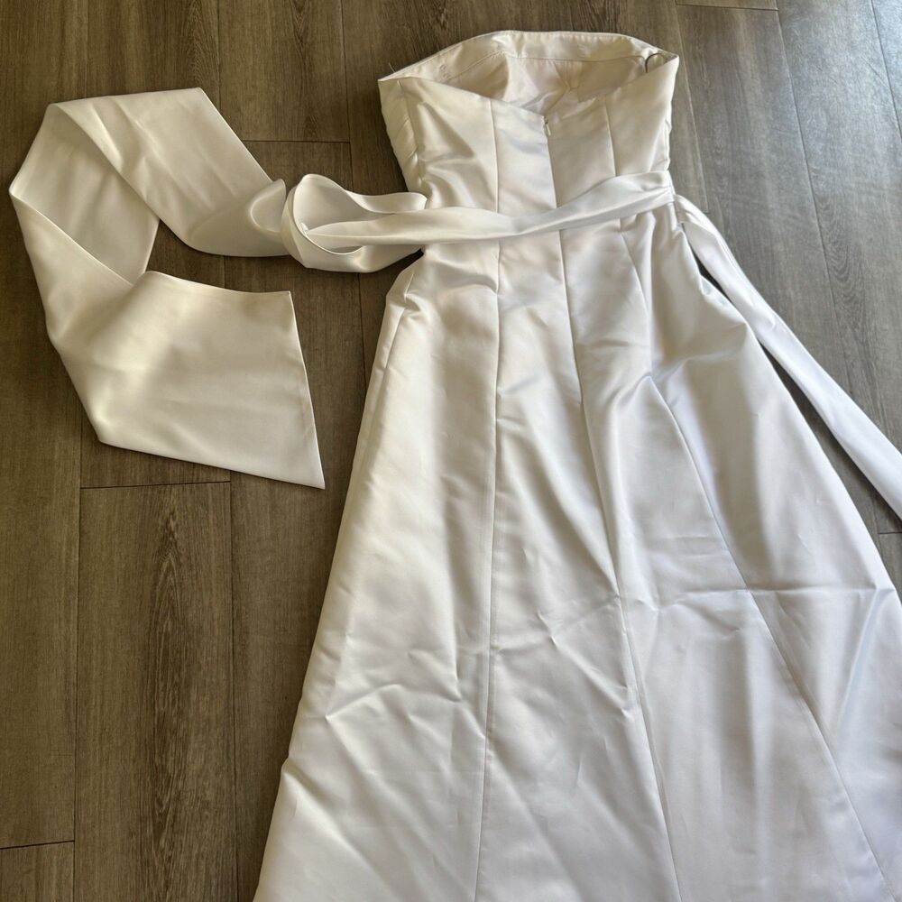 Bill Levkoff White Satin Strapless Wedding Gown Bridal Dress Bow Train Size 6 - Picture 14 of 16